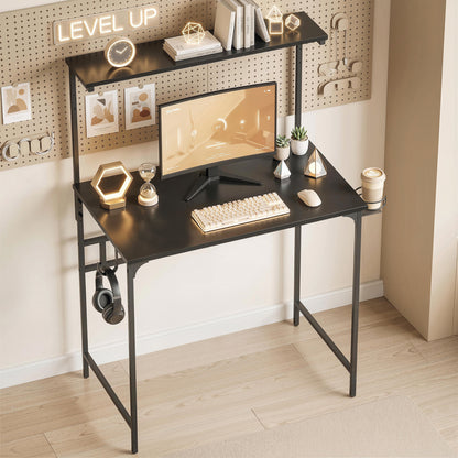 Computer Desk, 80cm Home Office Study Table with Hutch Shelf, Cup Holder, Headphone Hook, Black