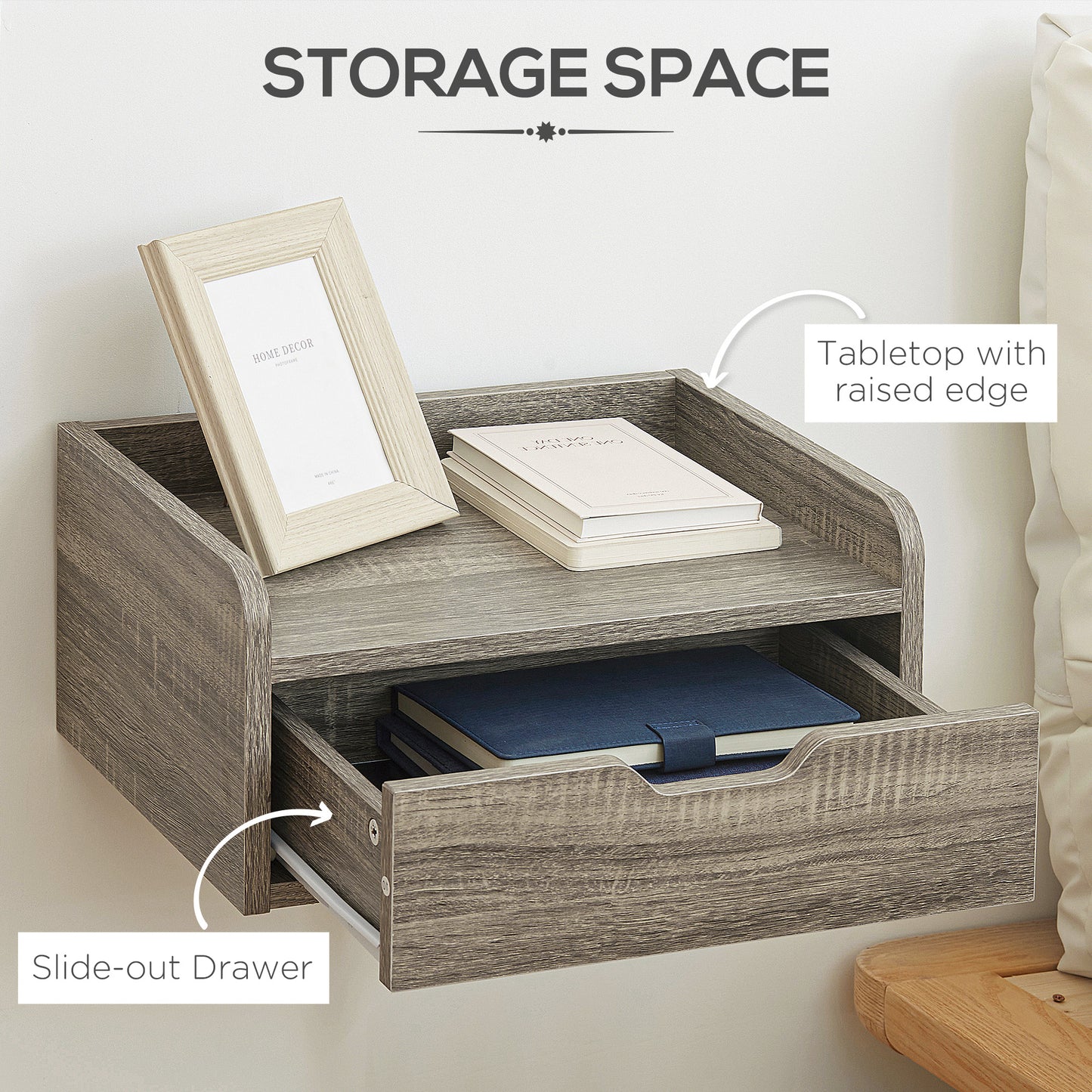 Floating Nightstands Set of 2, Wall Mounted Bedside Table with Drawer for Bedroom, Grey