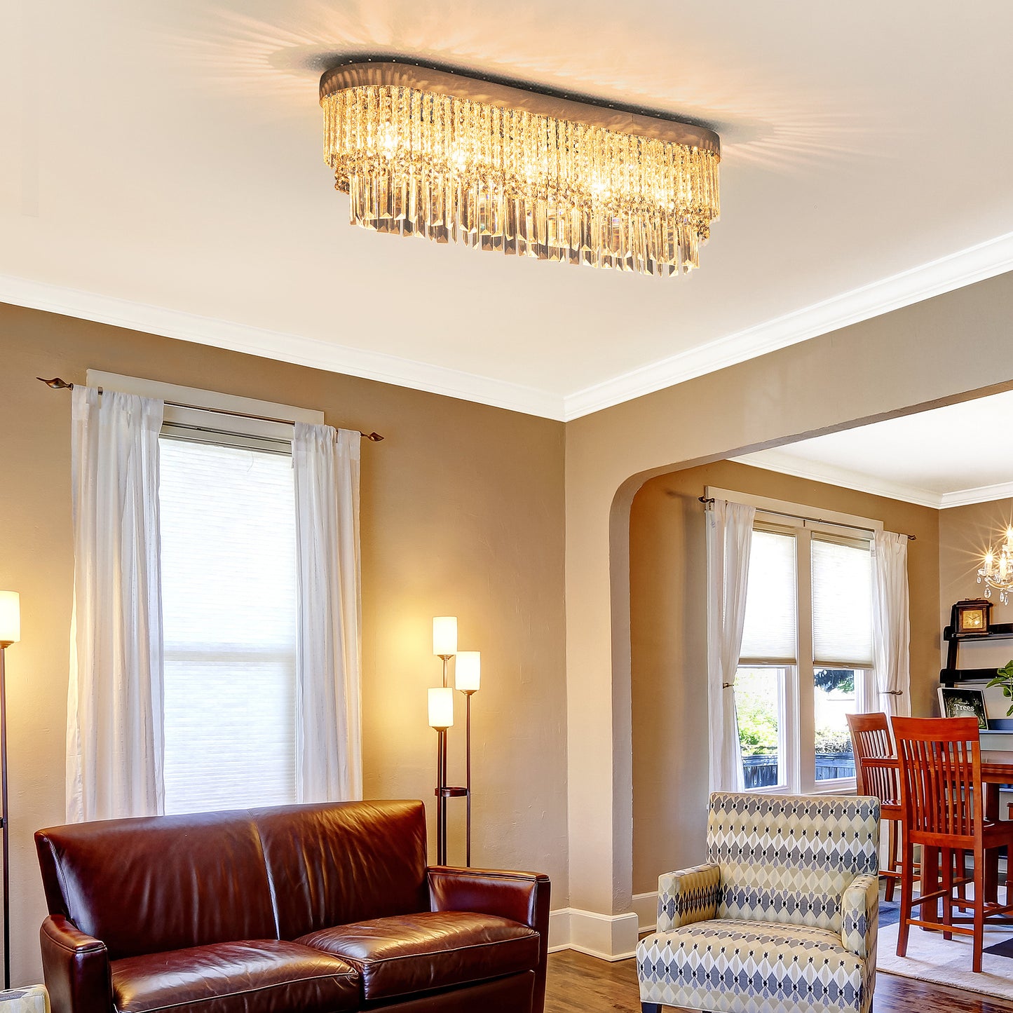 Modern Raindrop Crystal Chandelier, Round Rectangular hanging Ceiling Light, Linear Hanging Lighting