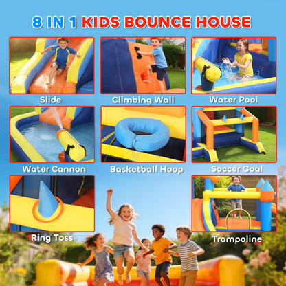 Bouncy Castle for Kids, Inflatable Bounce House with Long Slide, Splash Pool and 550W Blower for Indoor Outdoor