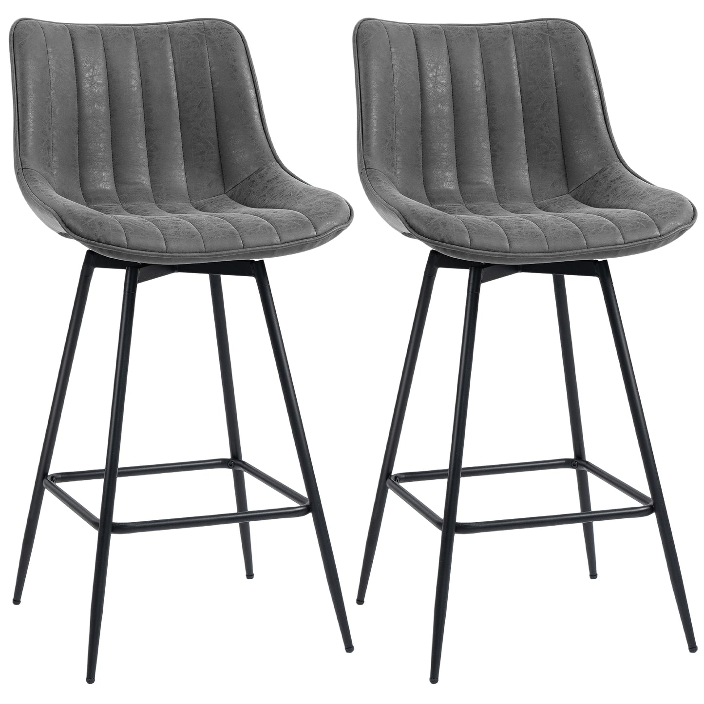 Set of 2 PU Leather Swivel Bar Stools - Grey