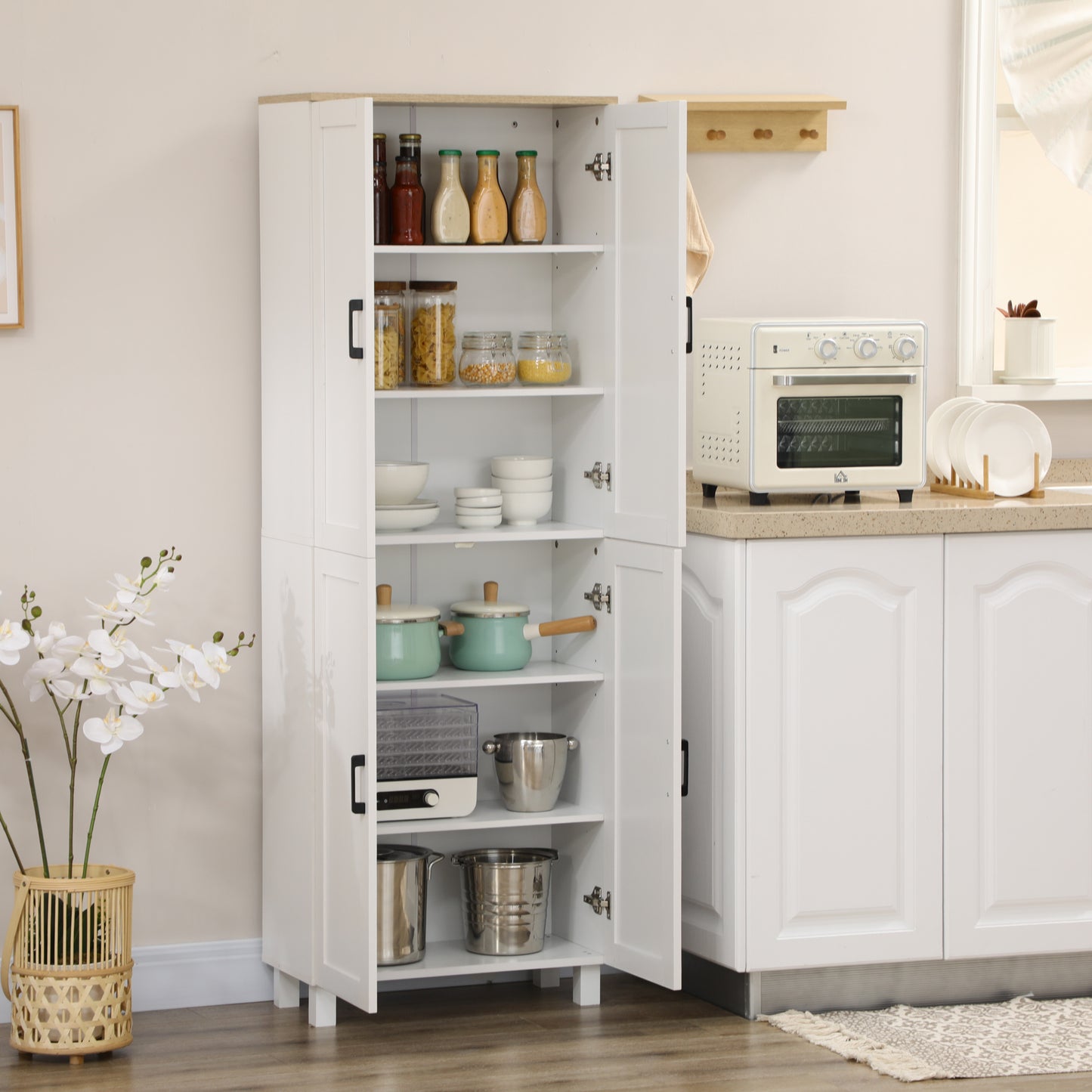 Freestanding Kitchen Cupboard, 4-Door Storage Cabinet Organiser with Adjustable Shelves White Wood Effect