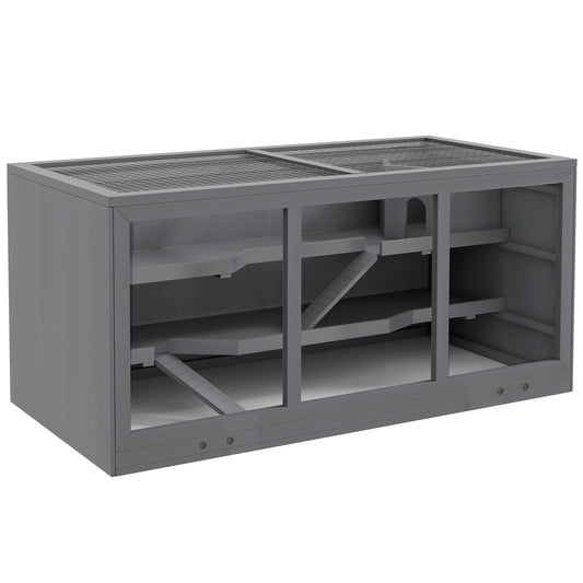 Wooden Hamster Cage, Small Animals Hutch with Tray, Openable Top, Exercise Play House Pen, 115L x 57W x 55Hcm, Grey