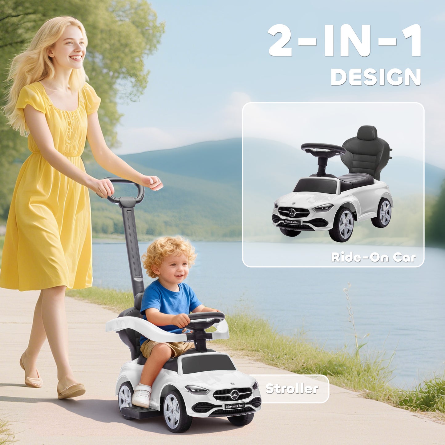 2 in 1 Baby Ride on Push Car Mercedes-Benz C-Class Licensed Walker Foot to Floor Push-Along with Removable Handle, White
