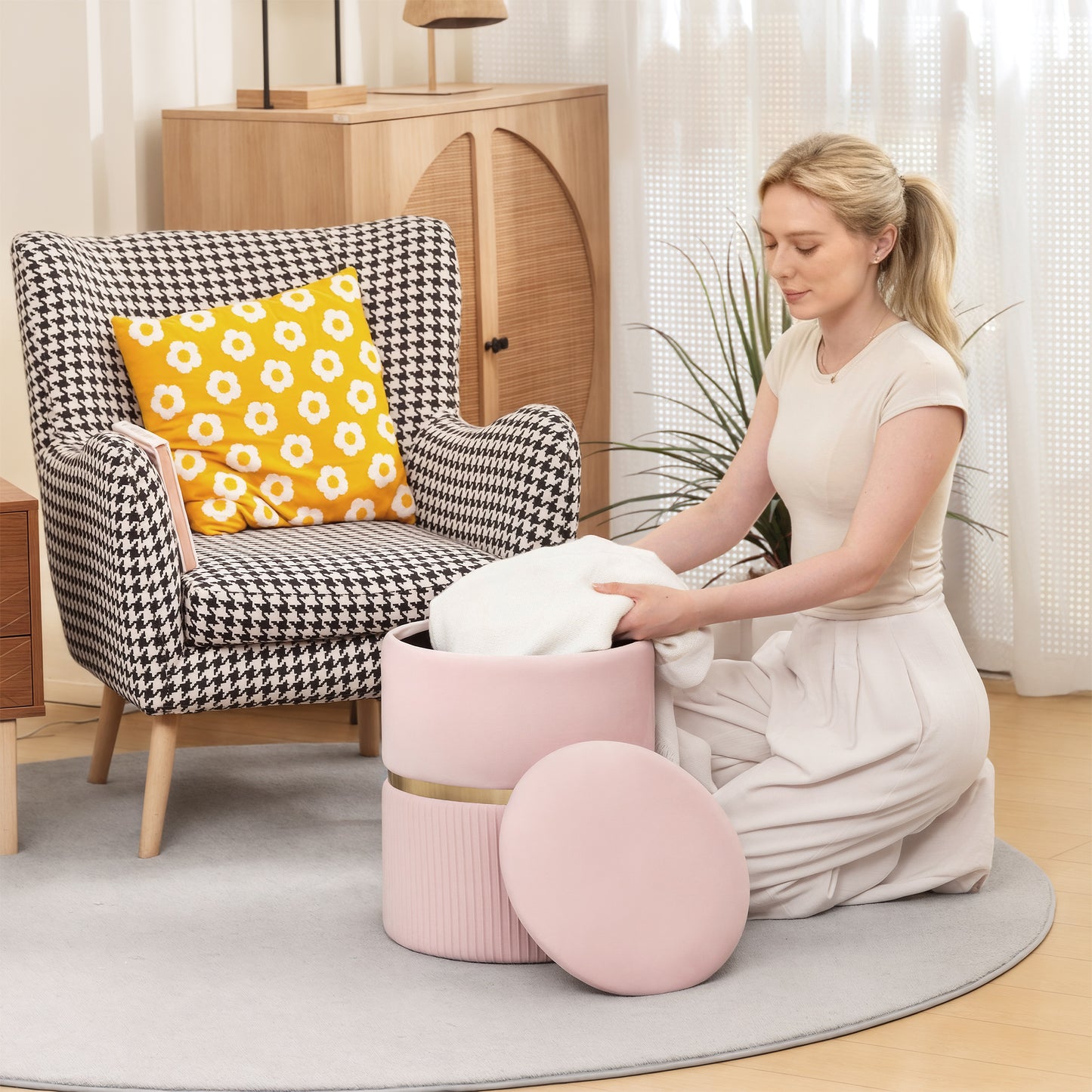 Velvet-Feel Storage Ottoman - Pink
