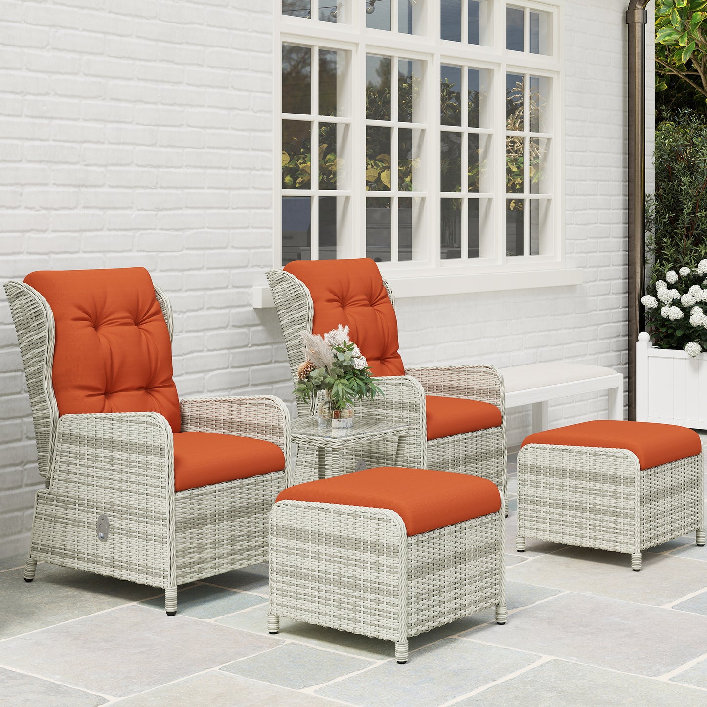 5 Pieces Rattan Bistro Set with Adjustable Back, Reclining Wicker Balcony Furniture with Cushions