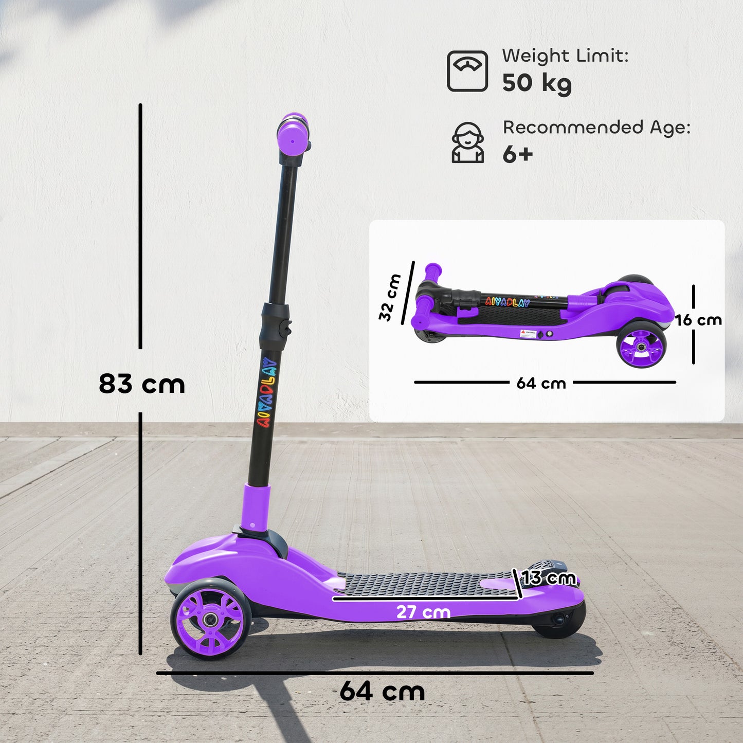 Three-Wheel Foldable Electric Scooter for Kids Aged 6-10 Years, Purple