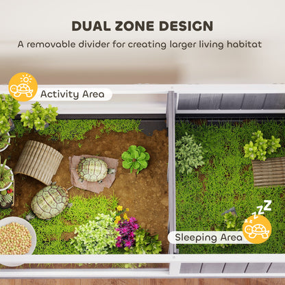 Wooden Tortoise House with Dual-Zone Habitat, Clear Panels, Openable Top, Metal Mesh, for Tortoises and Small Pets, Grey