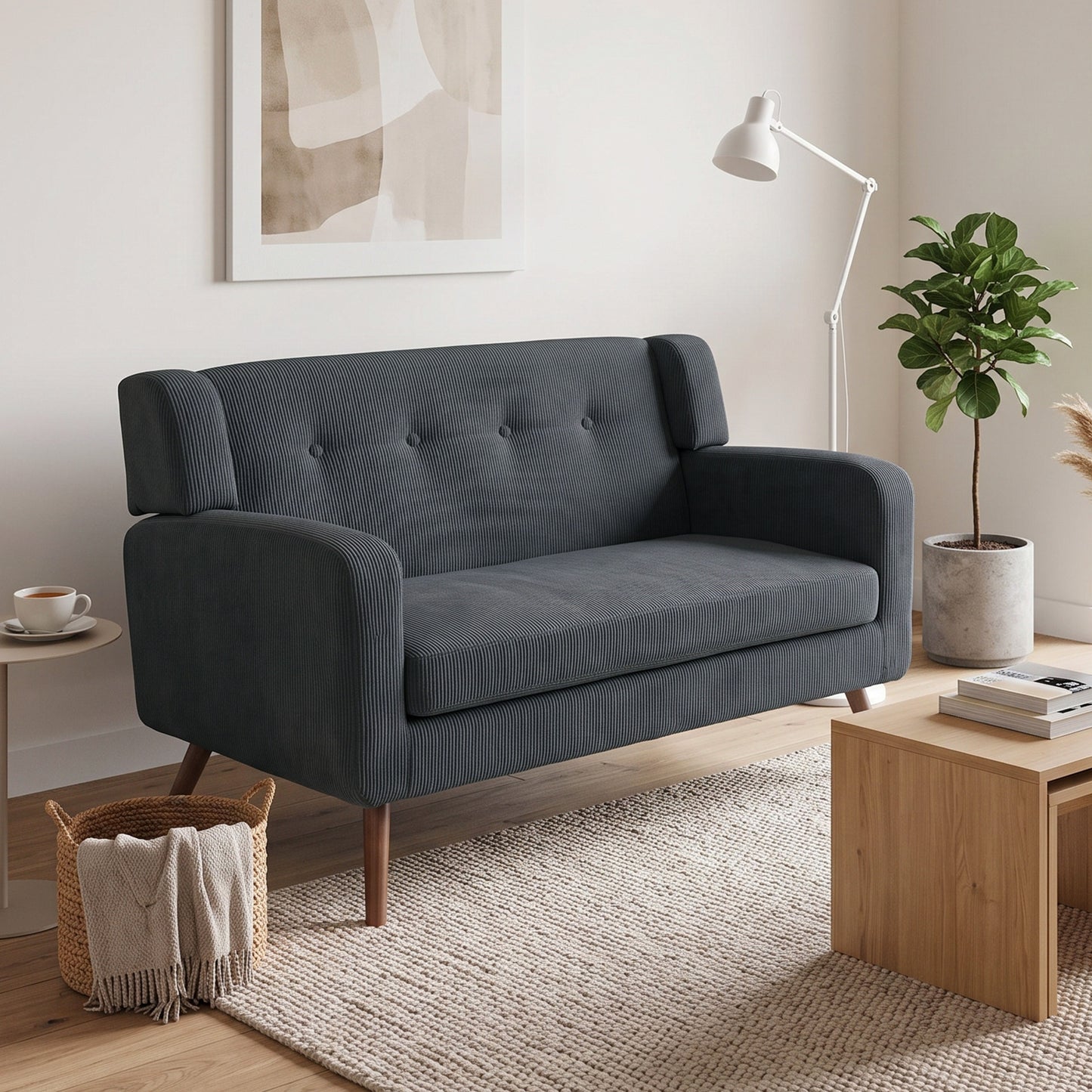 2 Seater Sofa, 118 cm Corduroy Small Loveseat with Spring Cushion, Wood Legs for Small Space, Living Room, Dark Grey
