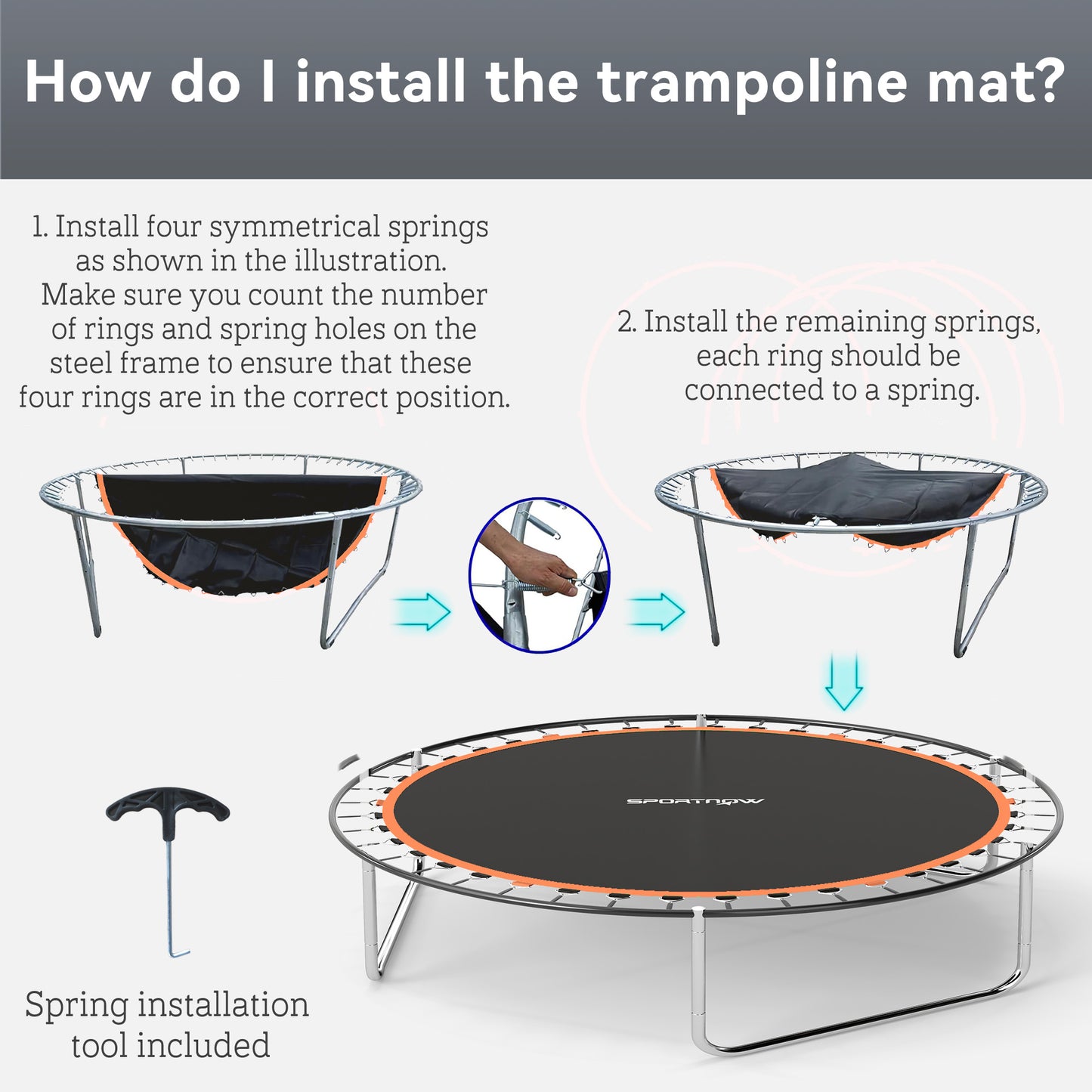 Trampoline Replacement Mat with Spring Pull Tool, 54 V-Hooks, for 10ft Trampoline using 14cm Springs, Orange