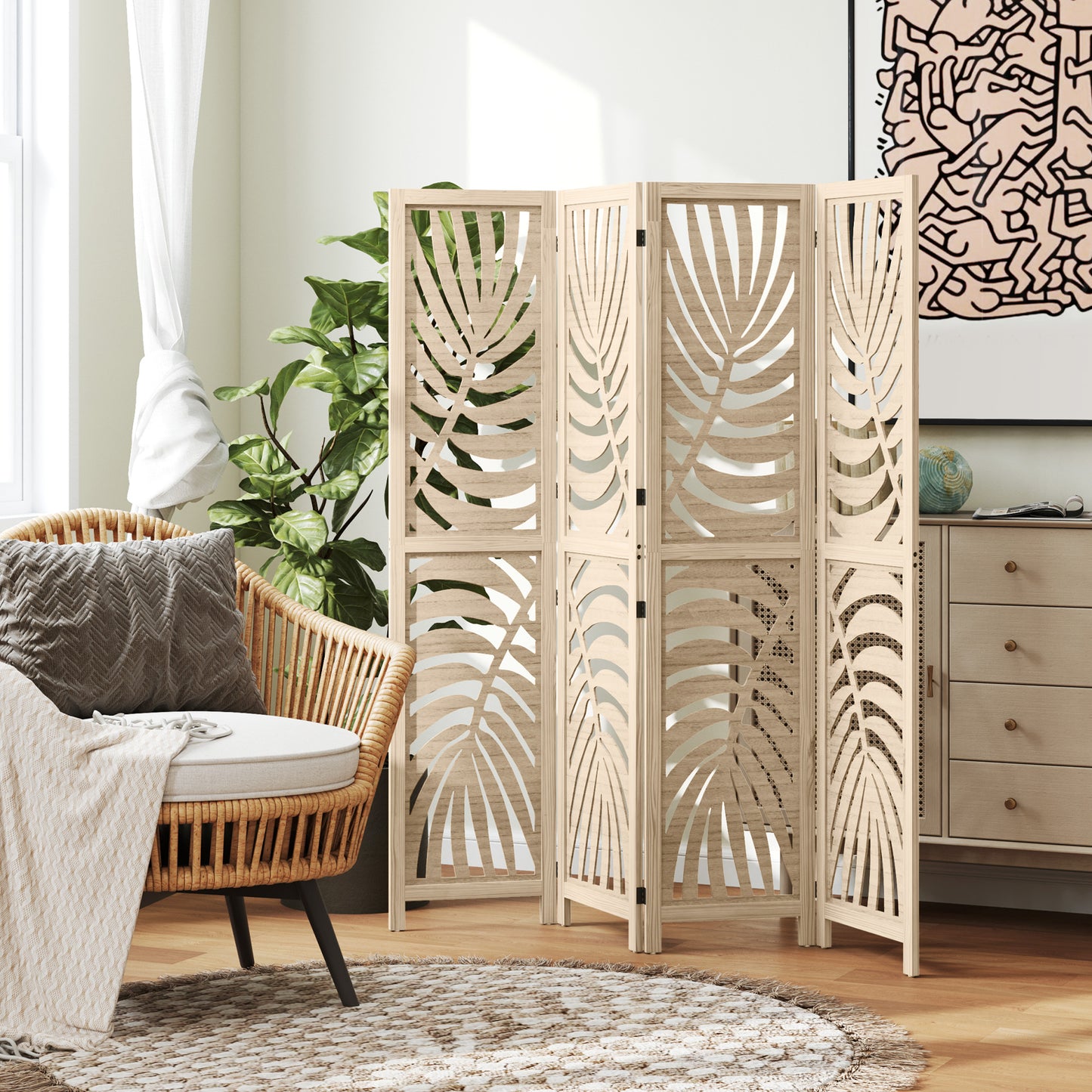 4 Panel Privacy Screens, Detachable Folding Room Divider with Palm Leaf Design for Home Office, Natural Wood Finish