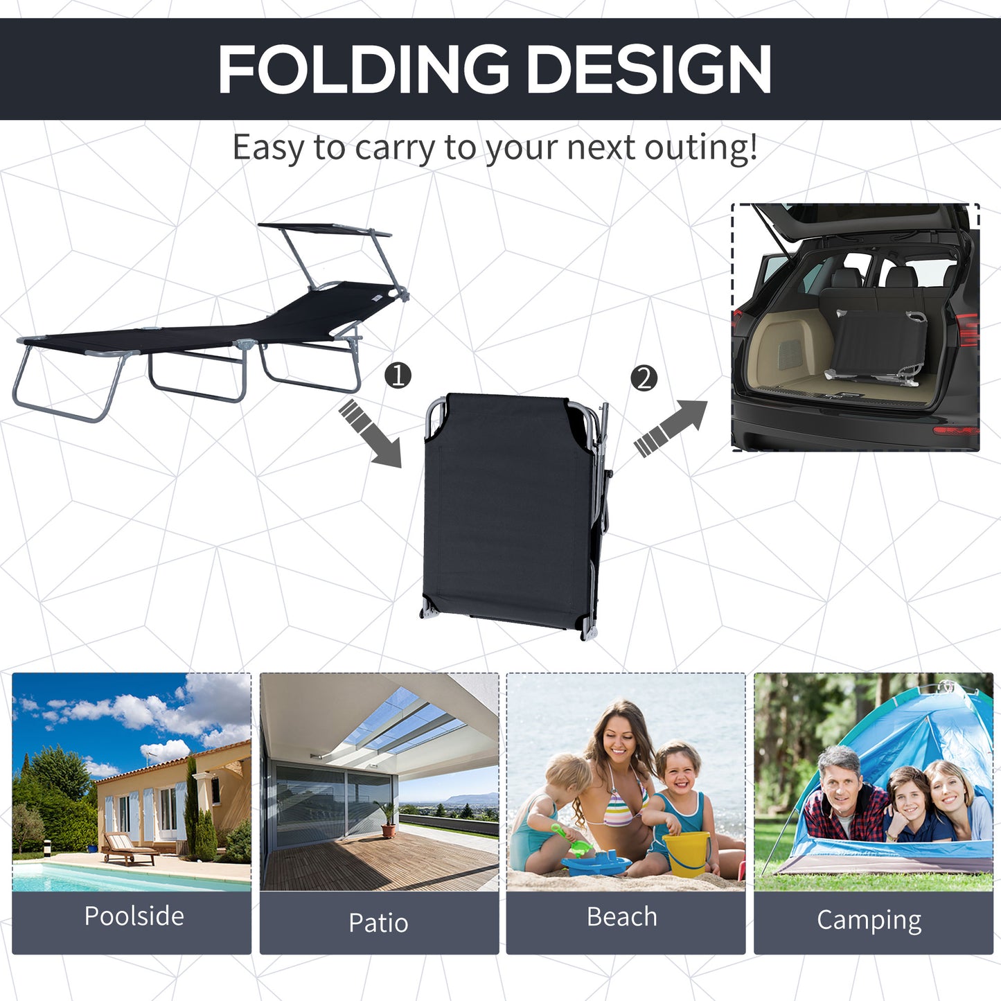 Outdoor Foldable Sun Lounger, 4 Level Adjustable Backrest Reclining Sun Lounger Chair with Angle Adjust Sun Shade Awning for