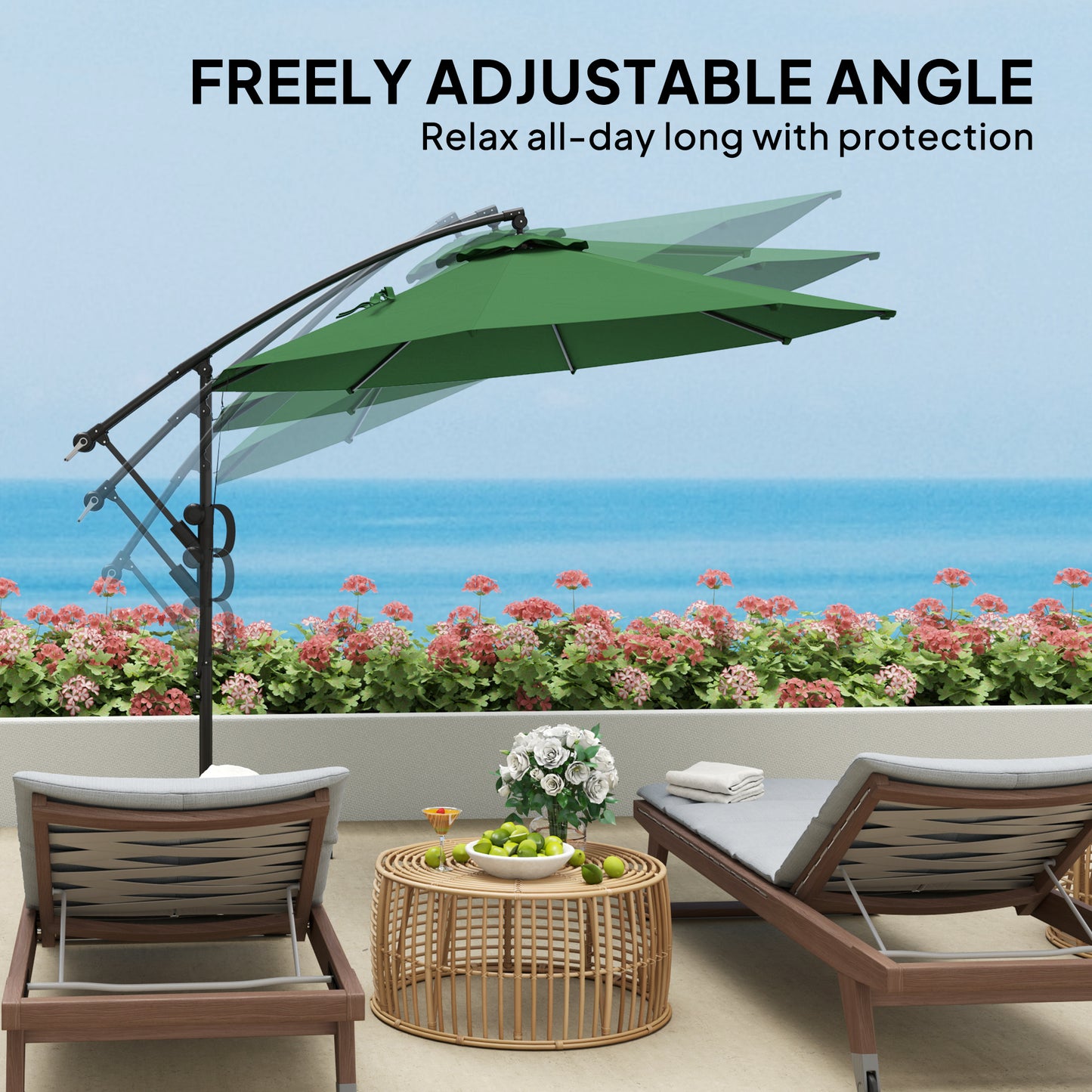 3(m) Garden Cantilever Parasol with Cover and Wind Protection Strap, Round Overhanging Umbrella with Crank Handle and Tilt