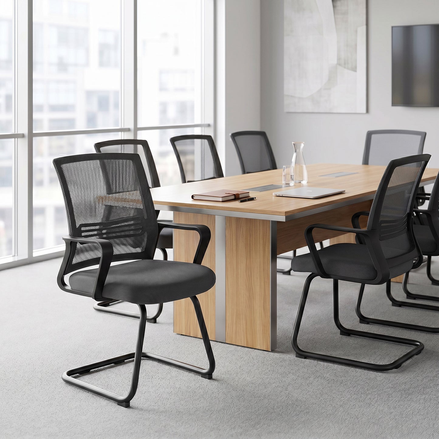 Padded Meeting Office Chair, Ergonomic Desk Chair No Wheels with Sled Base for Bedroom, Waiting, Reception, Dark Grey