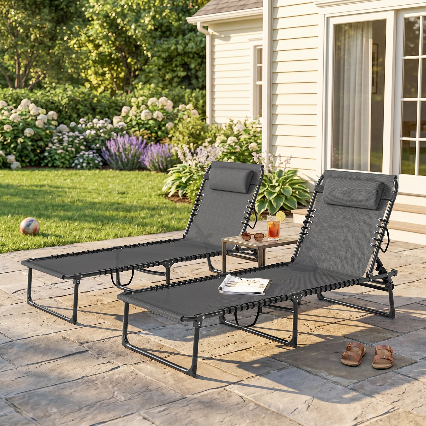 Set of Two Folding Sun Loungers, with Four-Position Backs - Grey
