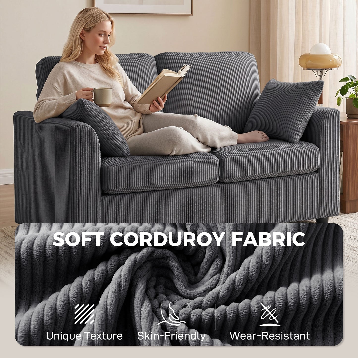 2 Seater Sofa, Corduroy Small Couch with Spring Cushion, Wide and Deep Seat, Dark Grey