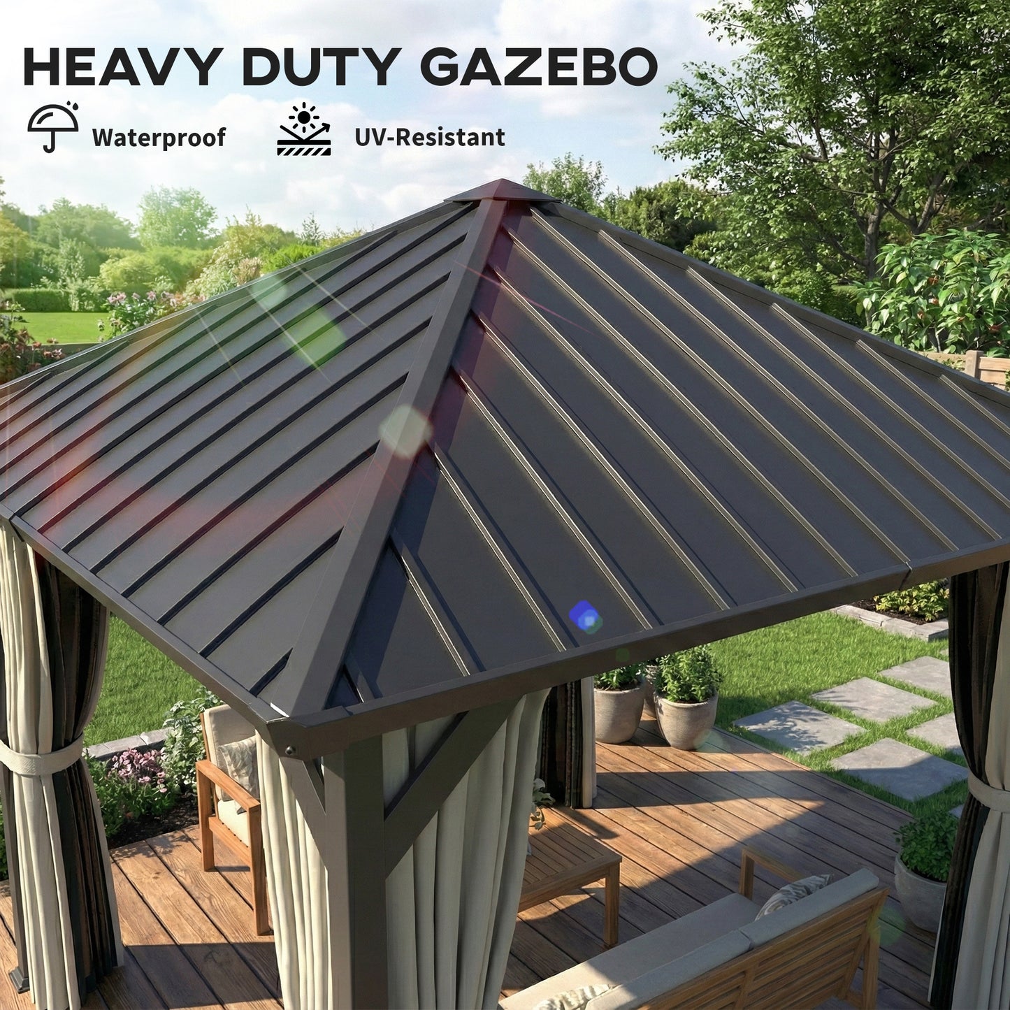 3 x 3(m) Hardtop Gazebo with Galvanised Steel Roof and Water Gutter, Waterproof Permanent Pavilion Garden Gazebo