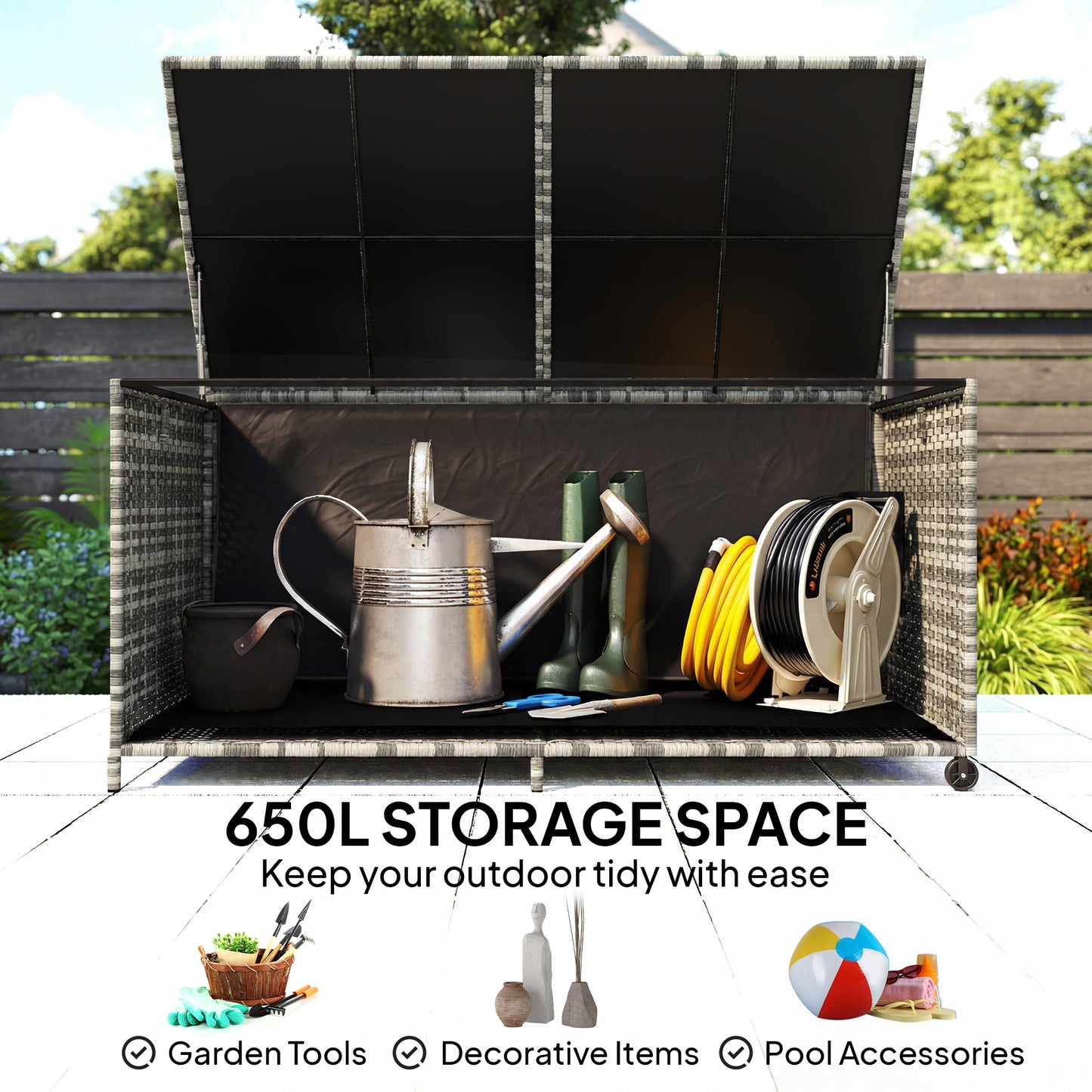 650L Garden Storage Box with 2 Wheels, Rattan Deck Box with Waterproof Zipped Liner, Safe Pneumatic Rods, Mixed Grey