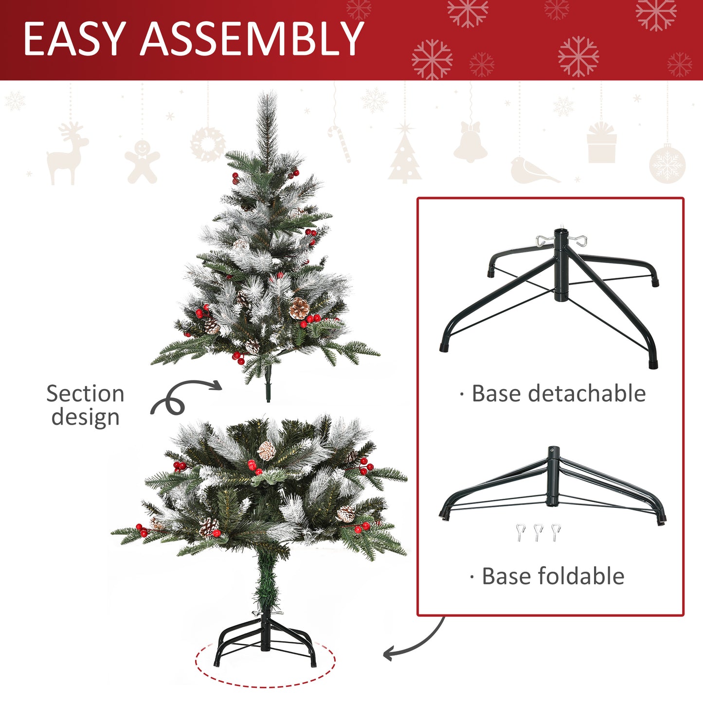 4FT Artificial Snow Dipped Christmas Tree Xmas Pencil Tree Holiday Home Party Decoration with Foldable Feet Red Berries White