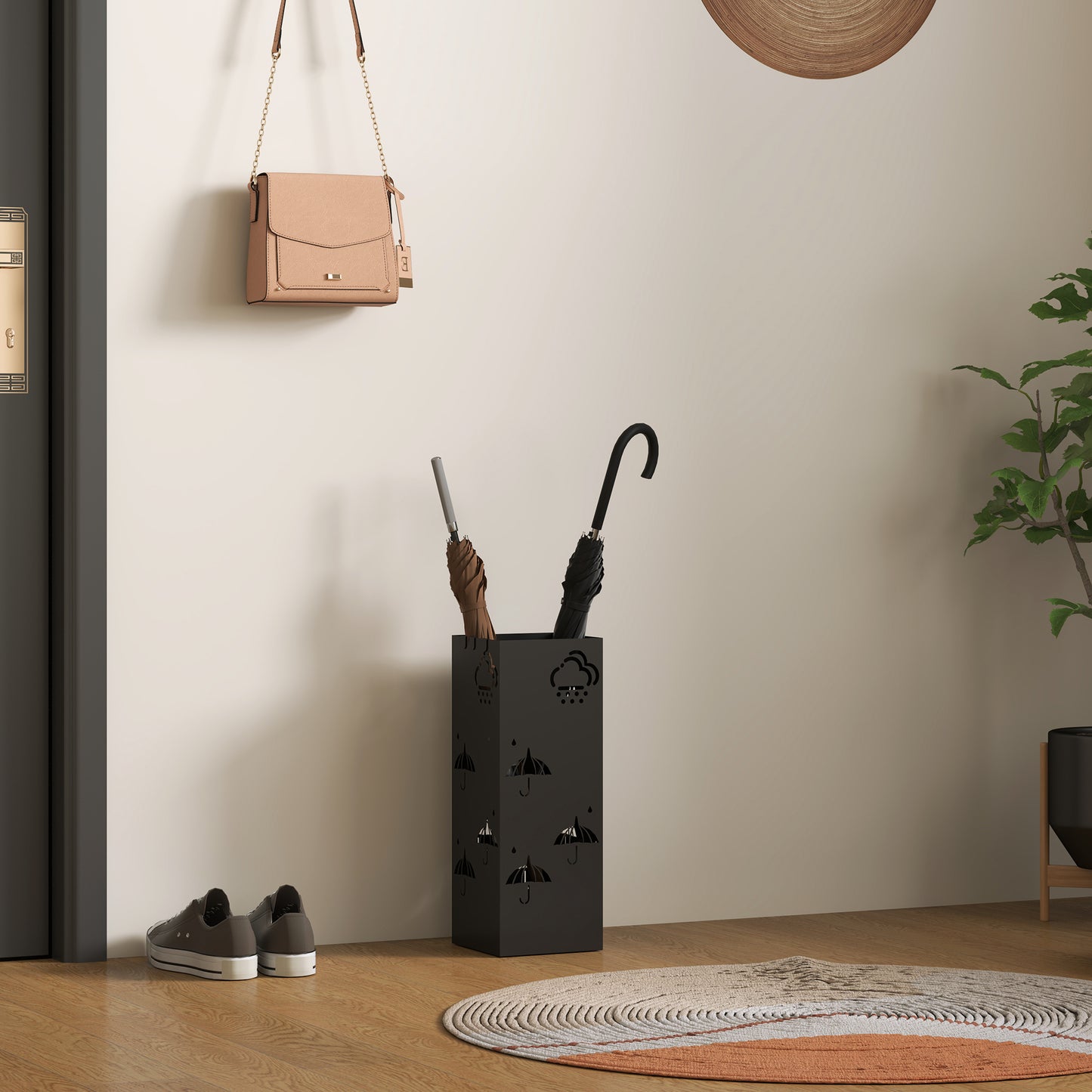 Metal Umbrella Stand, Square Umbrella Holder with Removable Drip Tray and 4 Hooks