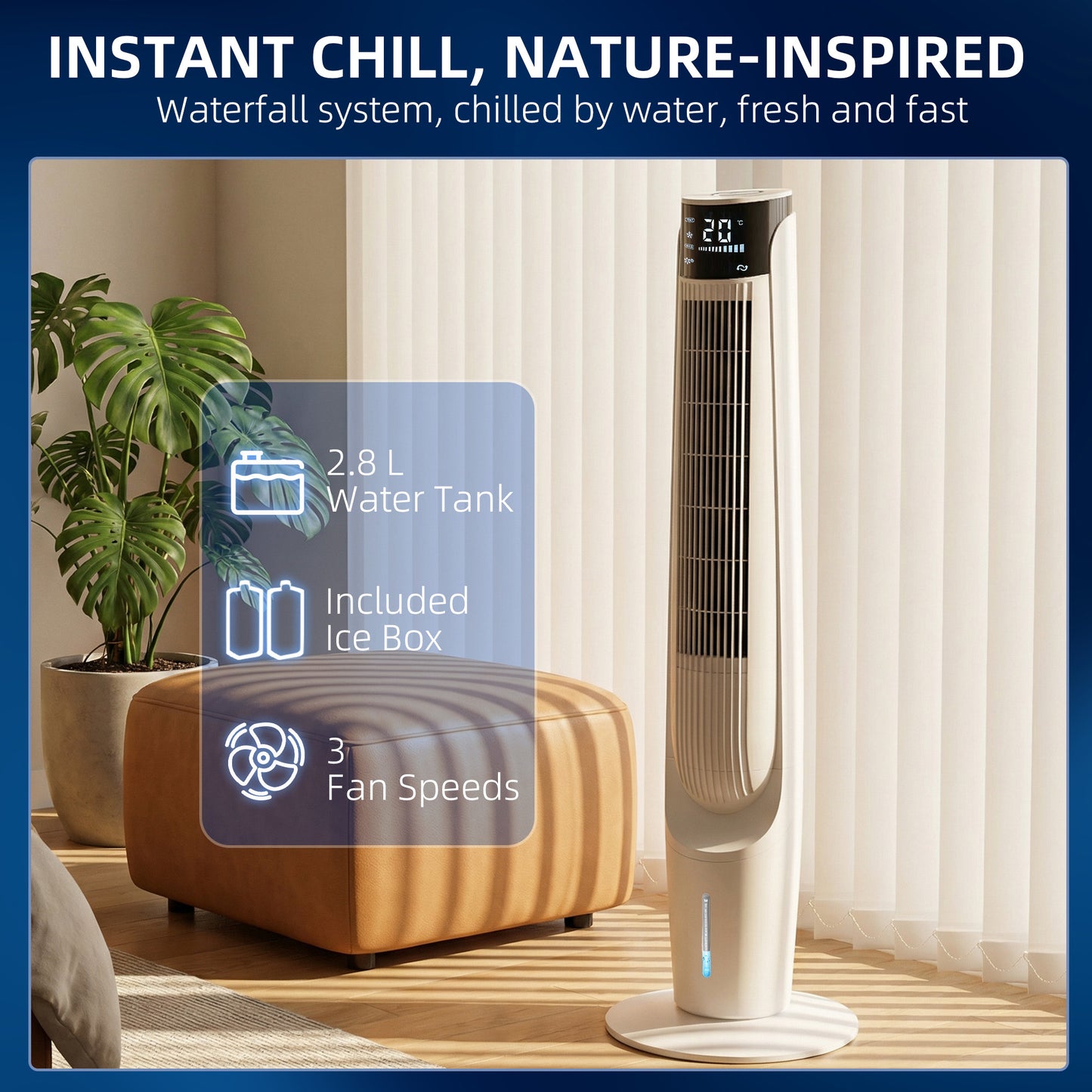 Air Cooler with LED Display and Remote Control, Oscillating Ice Cooling Fan with 3 Speeds, 4 Modes, 12 Hour Timer, White