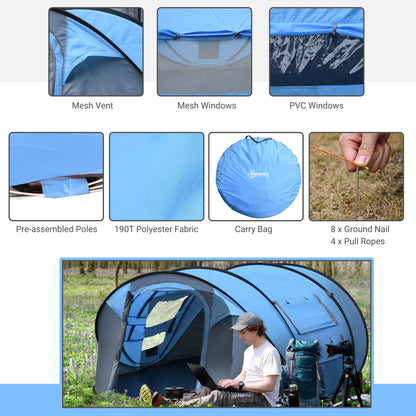 4 Person Pop-up Camping Tent, Family Dome Tent with Ground Sheet, 4 Windows and Portable Carry Bag for Beach Outdoor Trip