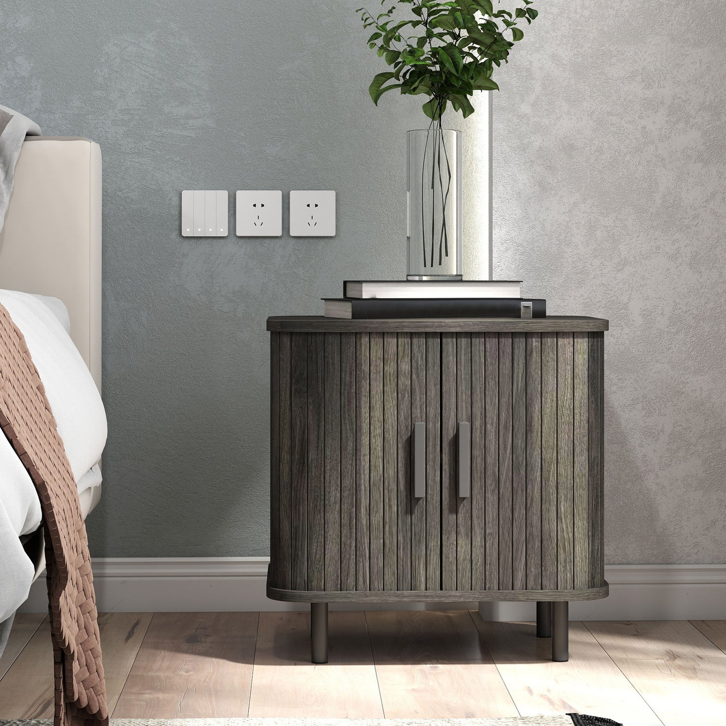 Nightstand with Sliding Doors and Metal Legs Grey