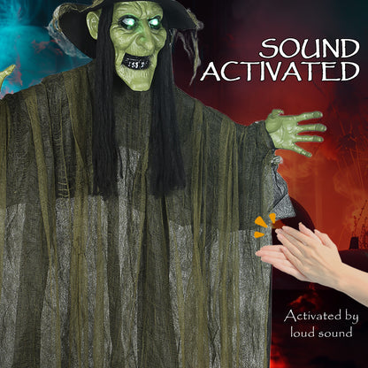 170 cm Life Size Hanging Halloween Animated Witch with Glowing LED Eyes, Spooky Witch Scary Halloween Decorations