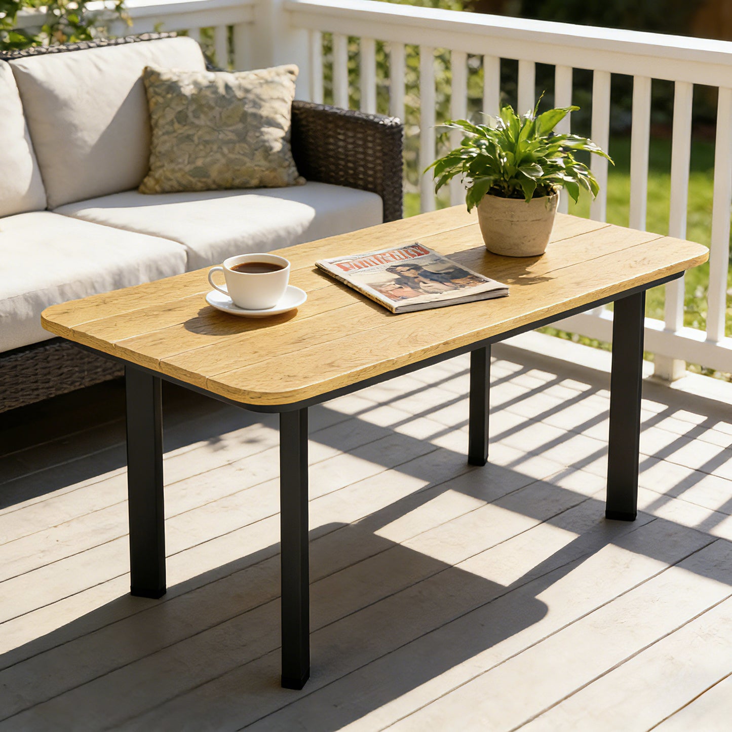 Outdoor Garden Coffee Table, Garden Table with Slatted Wood Plastic Composite Top and Metal Frame, Brown