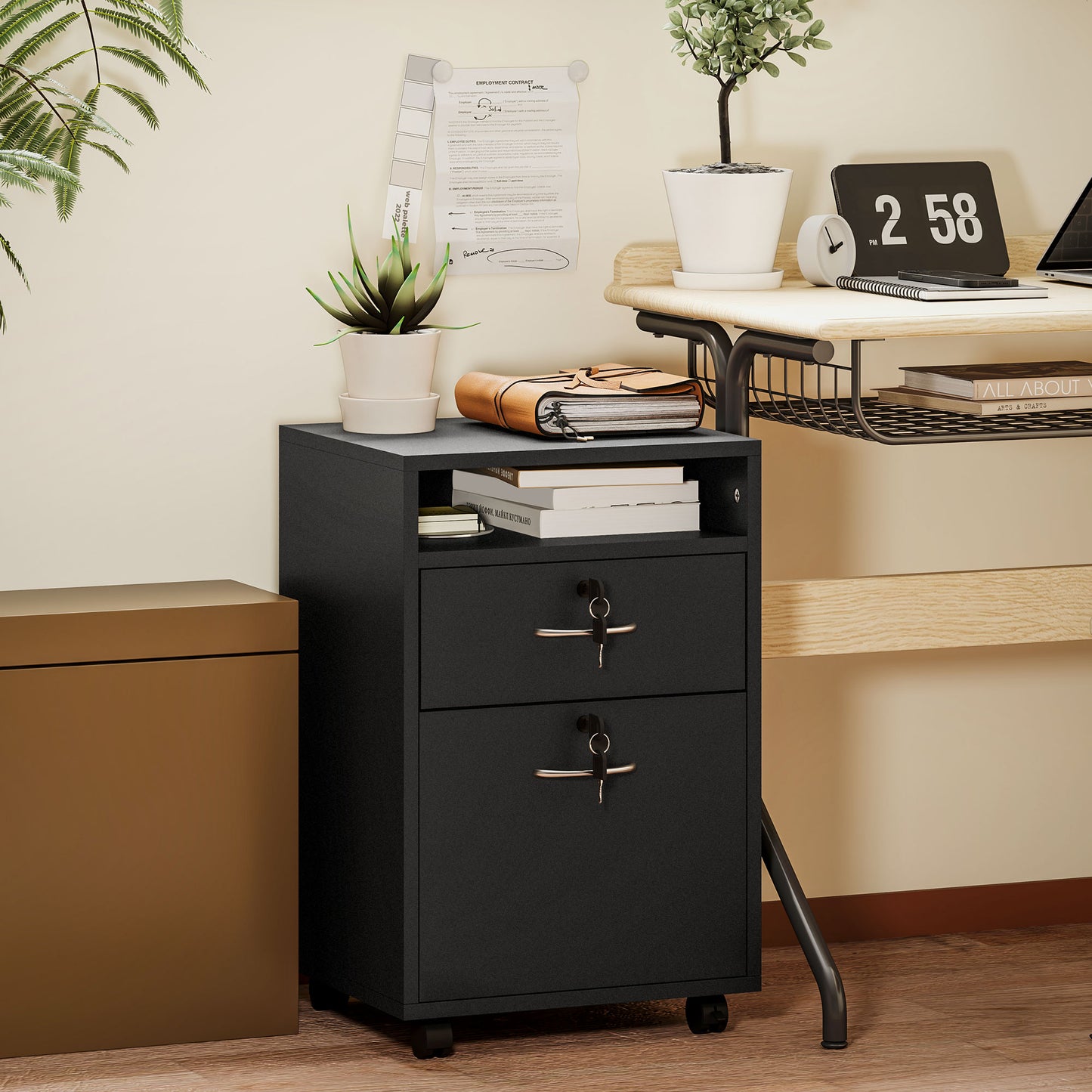 Filing Cabinet, Mobile File Cabinet with 2 Lockable Drawers, Office Home Organiser on Wheels for A4