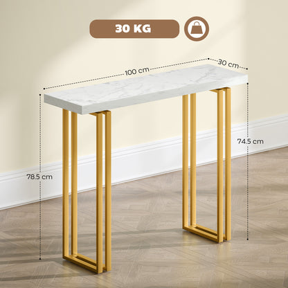 100 cm Console Table with Faux Marble Top, Narrow Entryway Table with Anti-tipping Device, White