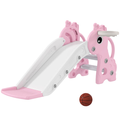 3 in 1 Kids Slide with Climber, Basketball Hoop and Ball, Giraffe Shape Climber Slide for Indoor Kids Age 1-3, Pink