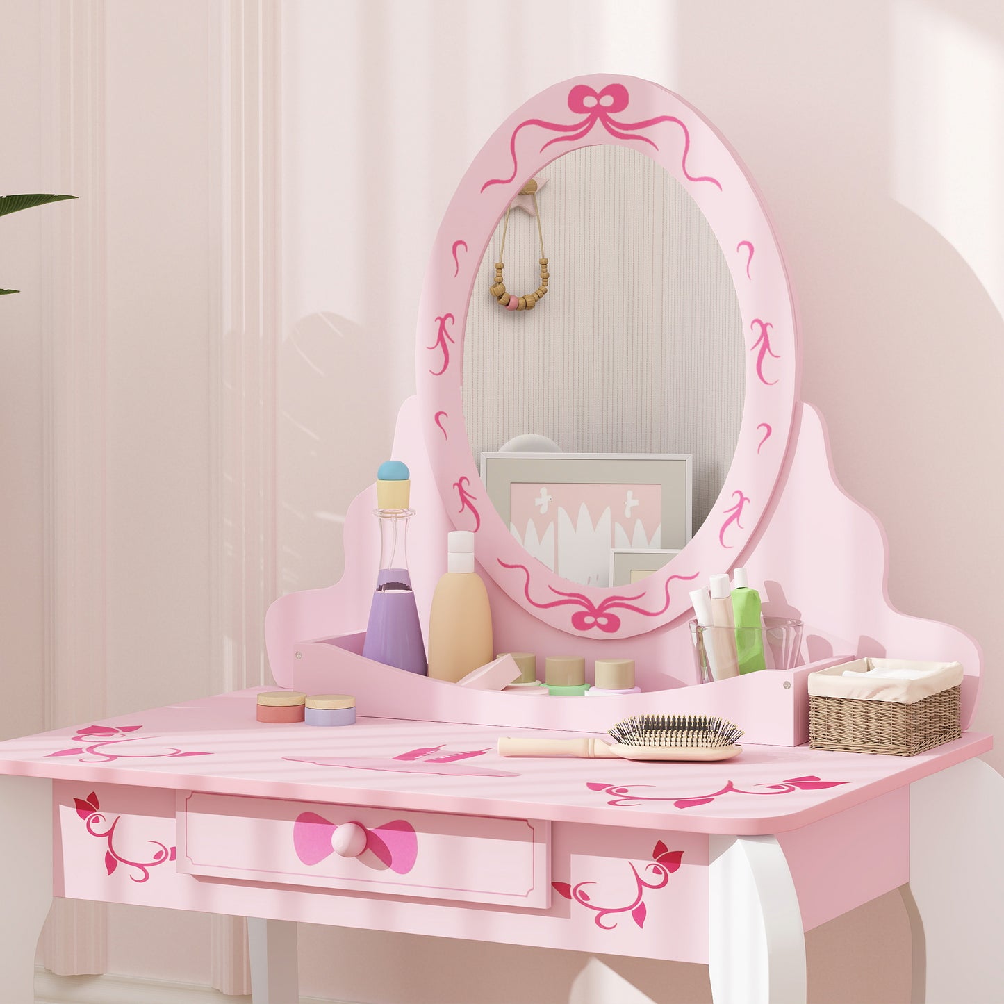 Kids Dressing Table Set, Vanity Table with Stool, Mirror, Drawer, Desktop, Storage, Ballet-Theme, Pink
