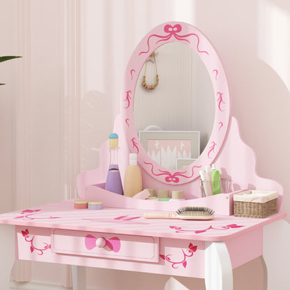 Kids Dressing Table Set, Vanity Table with Stool, Mirror, Drawer, Desktop, Storage, Ballet-Theme, Pink