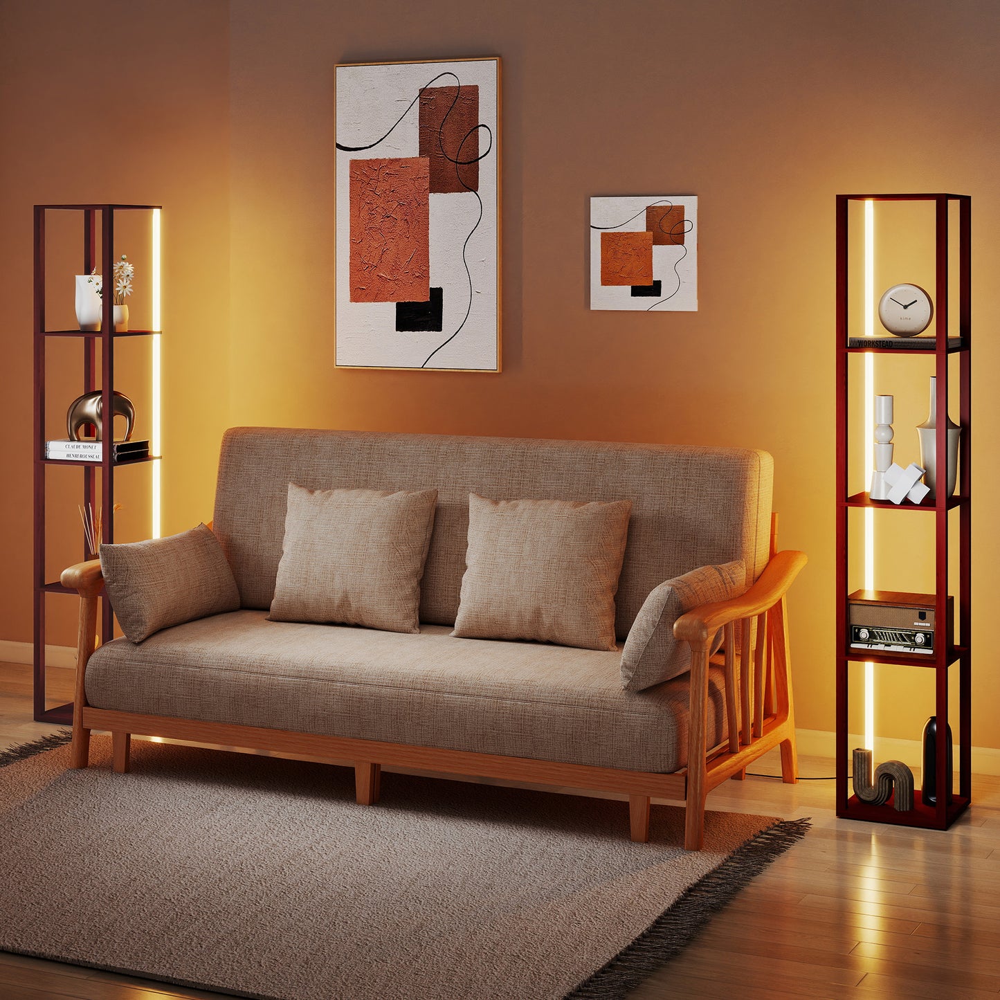 RGB LED Floor Lamp with Shelves, Modern Dimmable Standing Lamp with Remote Control