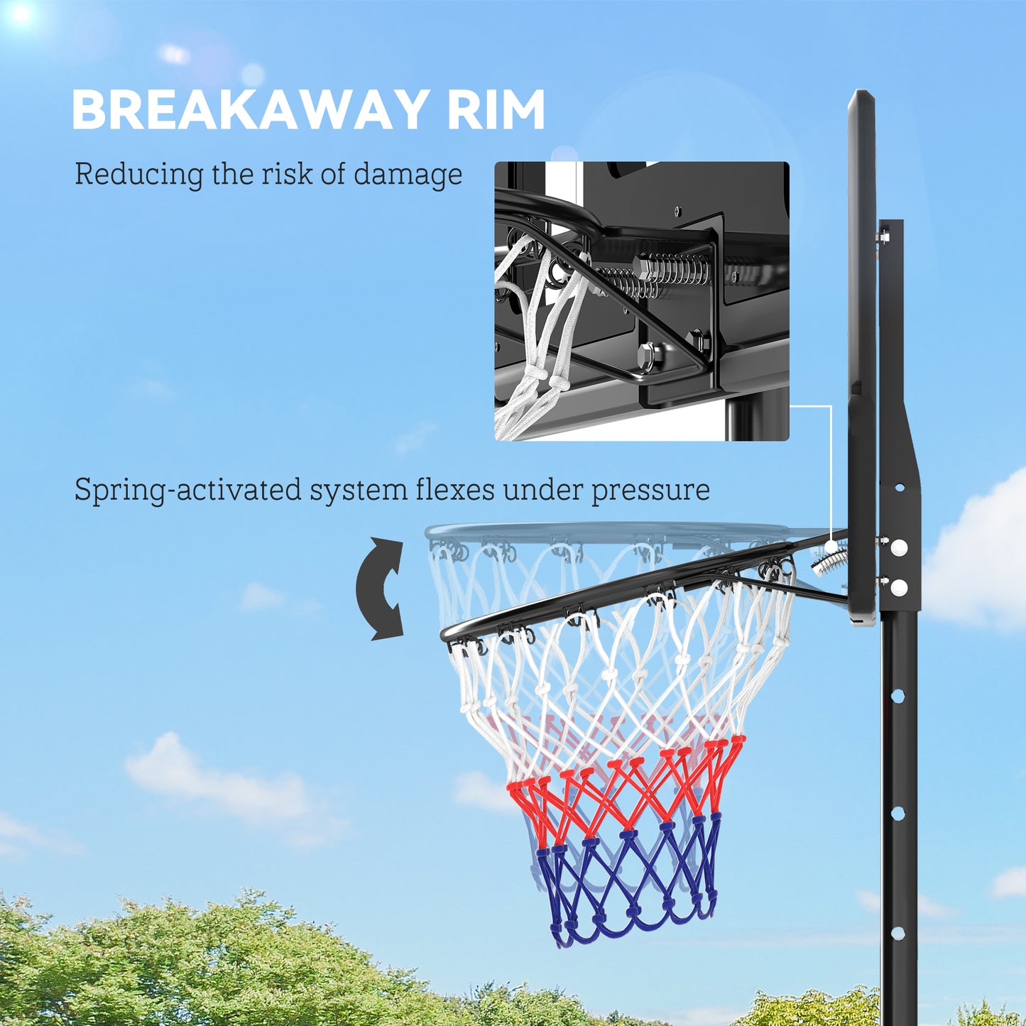 2.3-3.05m Basketball Hoop and Stand, with Weighted Base, Wheels, Black