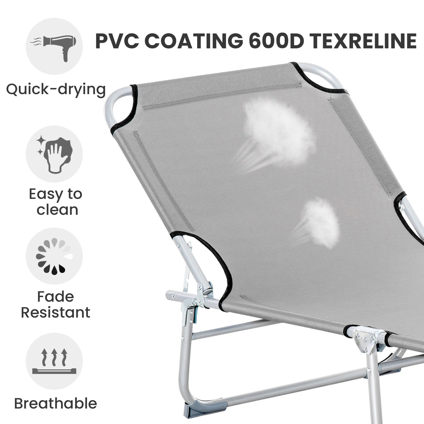 Reclining Sun Lounger Chair Folding Camping Bed with 4-Position Adjustable Backrest, Grey