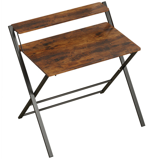 Compact Folding Desk for Small Spaces with Storage Shelf for Home Office, Rustic Brown