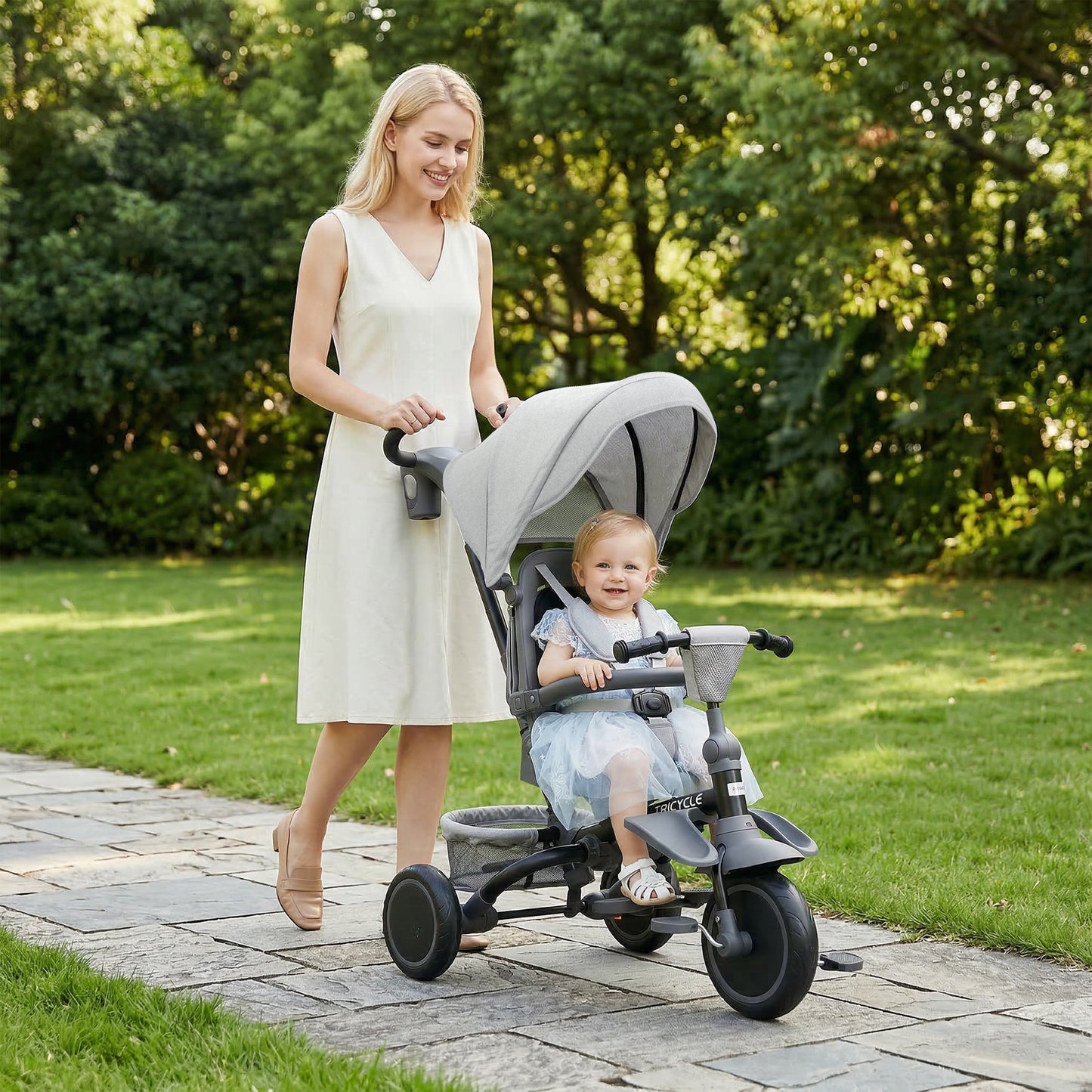 6 in 1 Foldable Kids Trike with Adjustable Parent Handle & Canopy for Ages 1-5, Grey