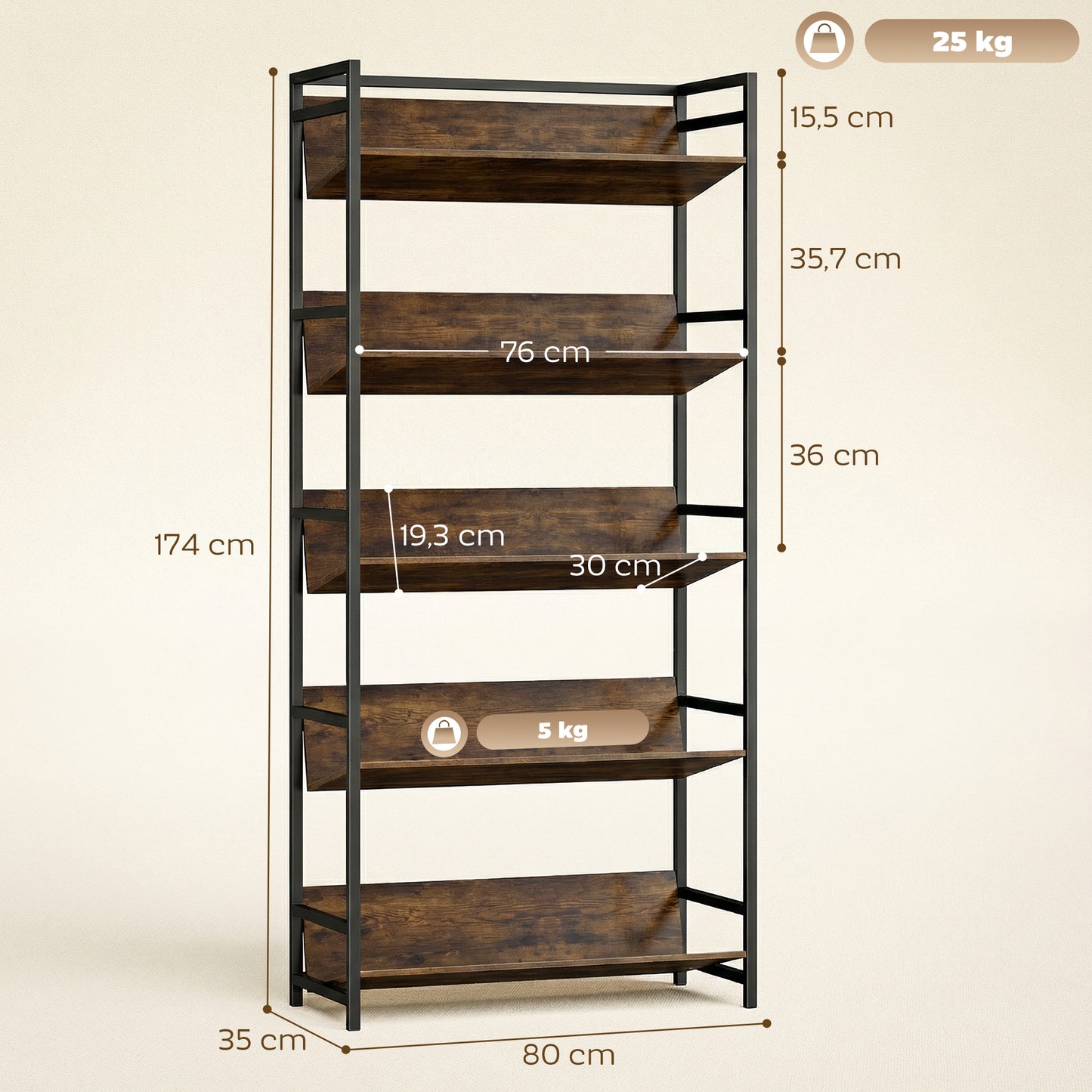 Bookshelf 5-Tier Metal Frame Room Divider Bookcase Storage Shelves for Living Room Rustic Brown