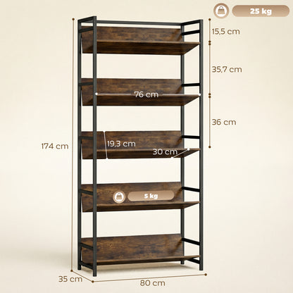 Bookshelf 5-Tier Metal Frame Room Divider Bookcase Storage Shelves for Living Room Rustic Brown