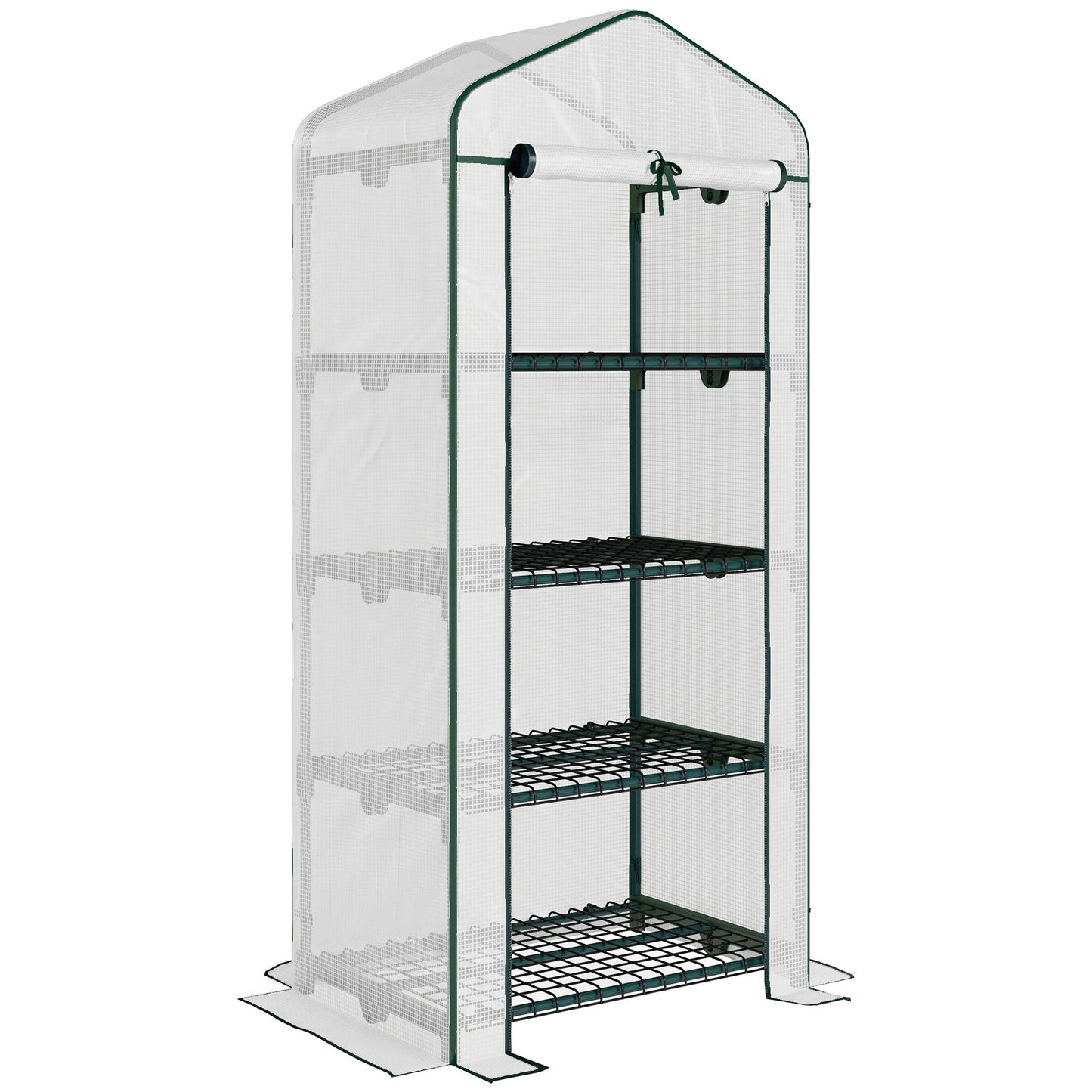 4 Tier Mini Greenhouse, Portable Compact Green House with Steel Frame, PE Cover, Roll-up Door, 70 x 50 x 160 cm, White