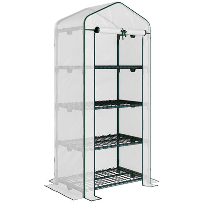 4 Tier Mini Greenhouse, Portable Compact Green House with Steel Frame, PE Cover, Roll-up Door, 70 x 50 x 160 cm, White