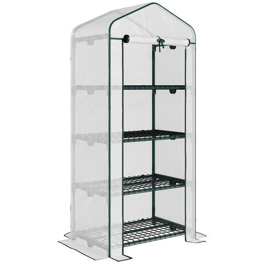 4 Tier Mini Greenhouse, Portable Compact Green House with Steel Frame, PE Cover, Roll-up Door, 70 x 50 x 160 cm, White