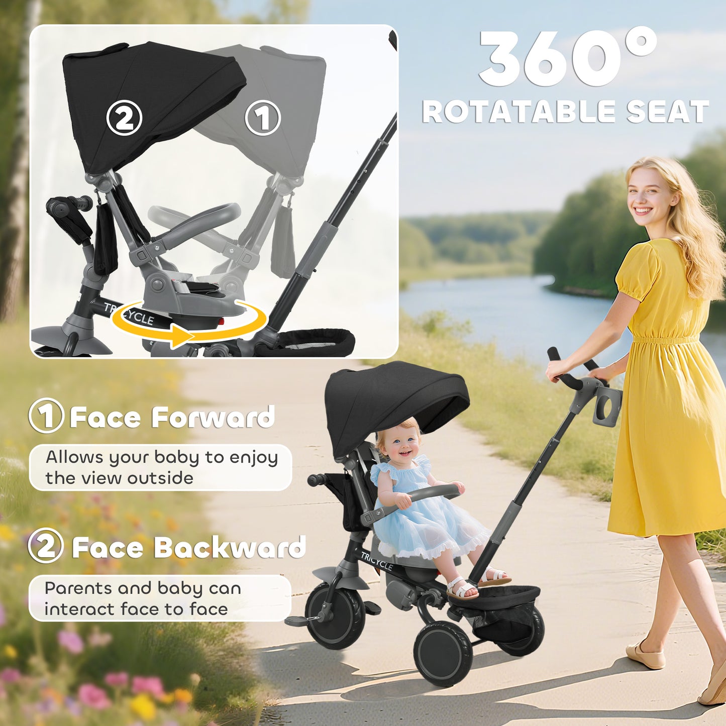 6 in 1 Foldable Kids Trike with Adjustable Parent Handle & Canopy for Ages 1-5, Black
