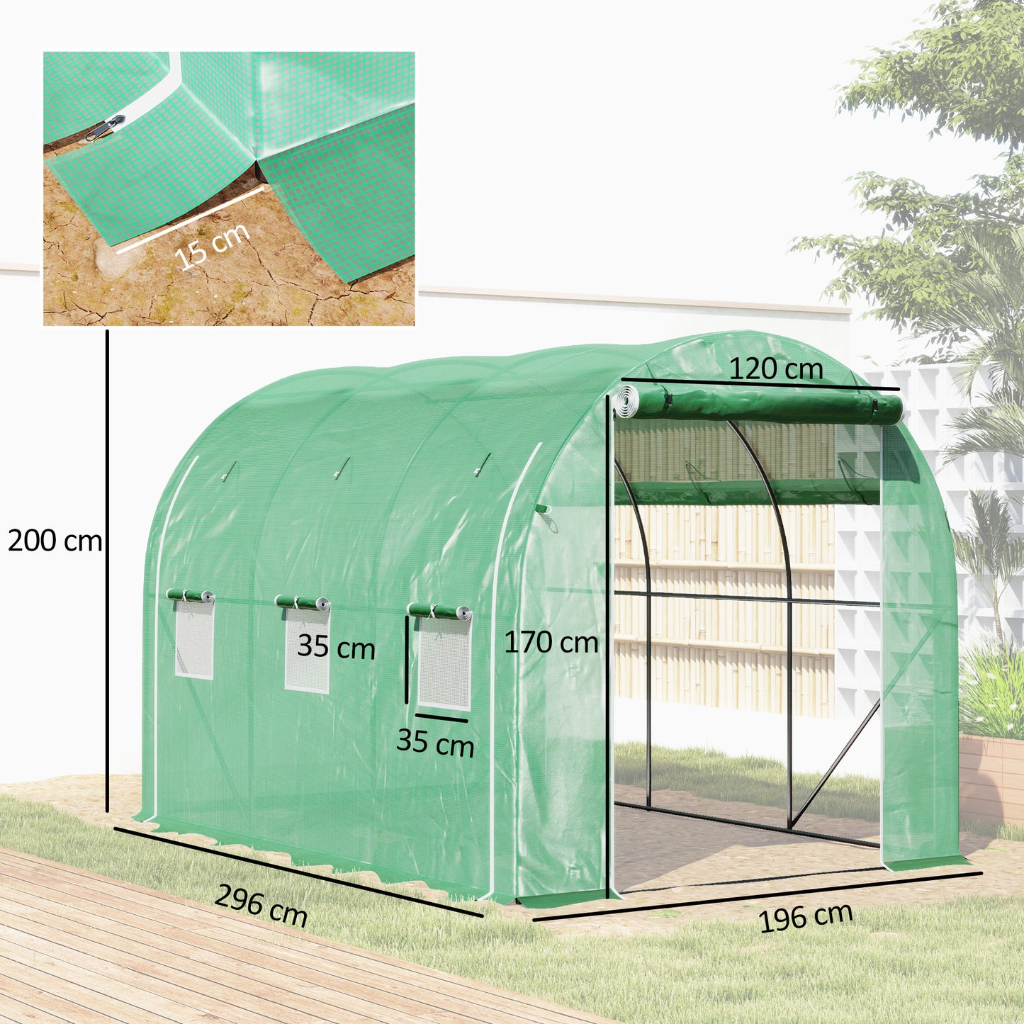 296 x 196cm Steel Frame Polytunnel Greenhouse - Green