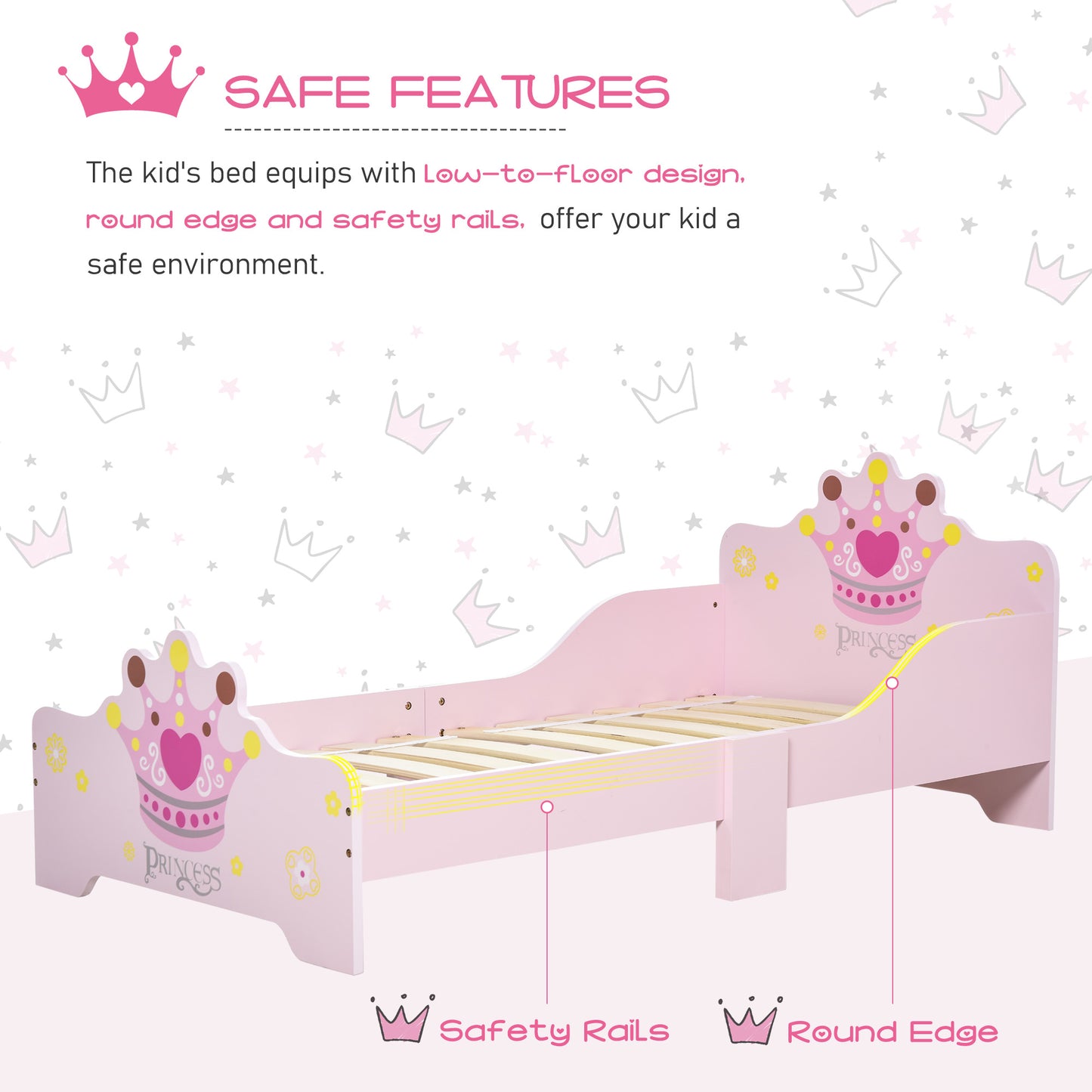 Kids Toddler Bed Princess Crown Theme Safety Side Rails Slats Home Bedroom Furniture Boys Girls 3-6 Years Pink 143 x 73 x 60