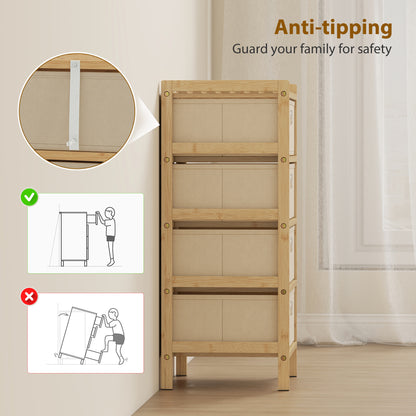 Chest of Drawers, 4 Fabric Drawers Narrow Dresser with Bamboo Frame, Cream White