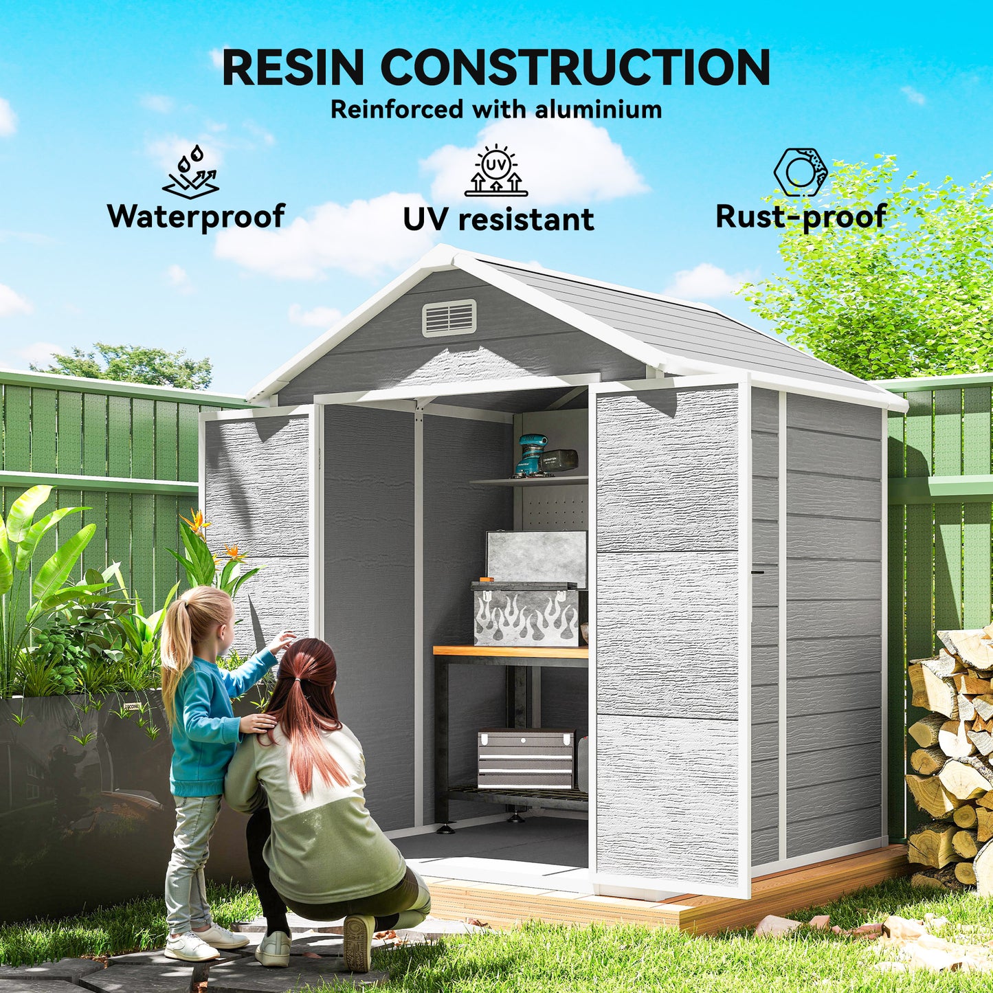 6 x 5ft Garden Shed, Plastic Shed with Floor, Window, Lockable Doors and Vents