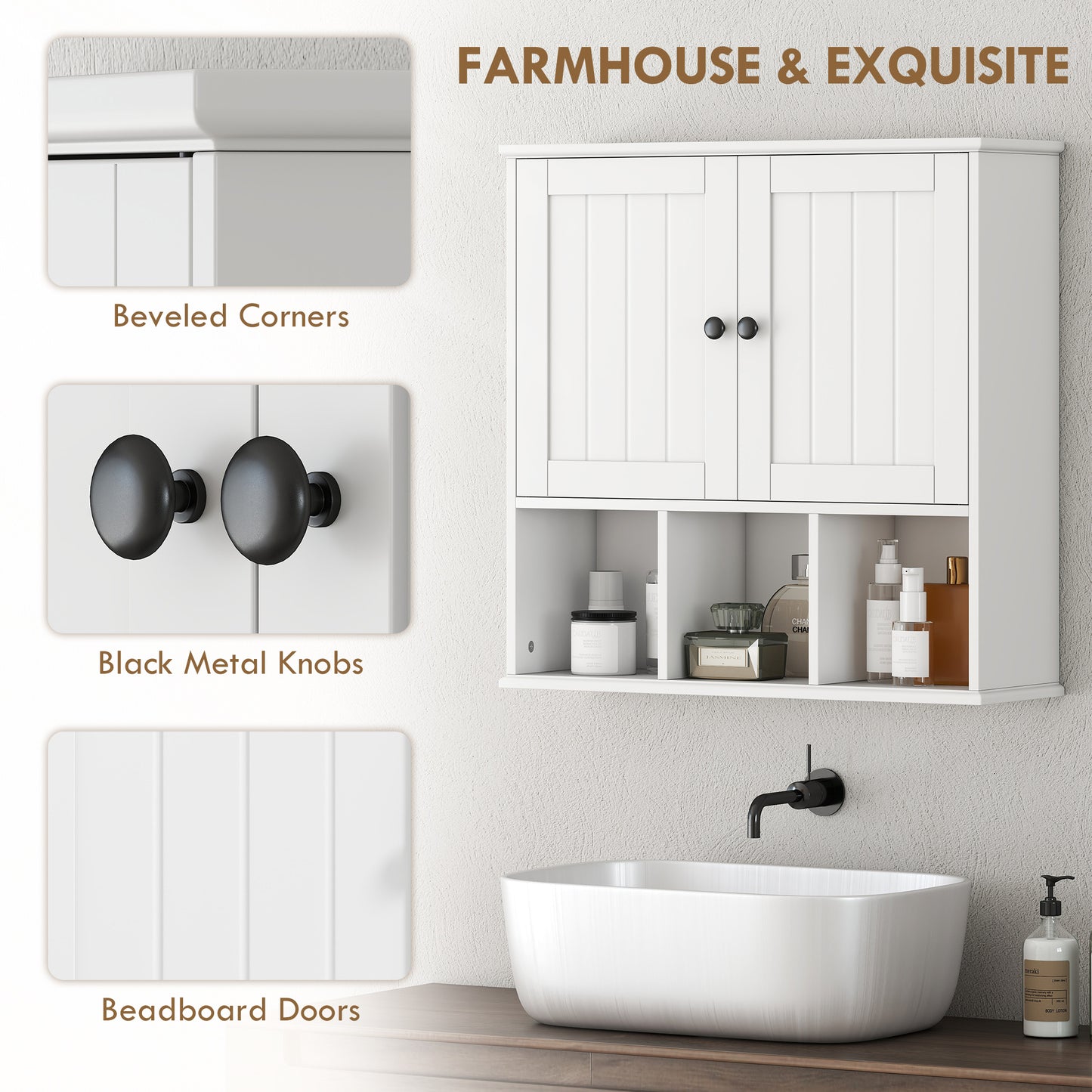 Farmhouse Bathroom Wall Cabinet, Wall Mounted Medicine Cabinet with Adjustable Shelf, Open Compartments, White